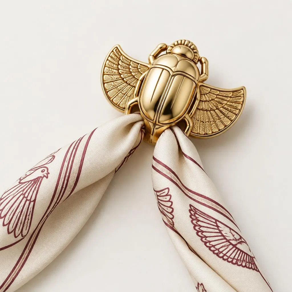 The Scarab scarf ring holding an ivory silk scarf