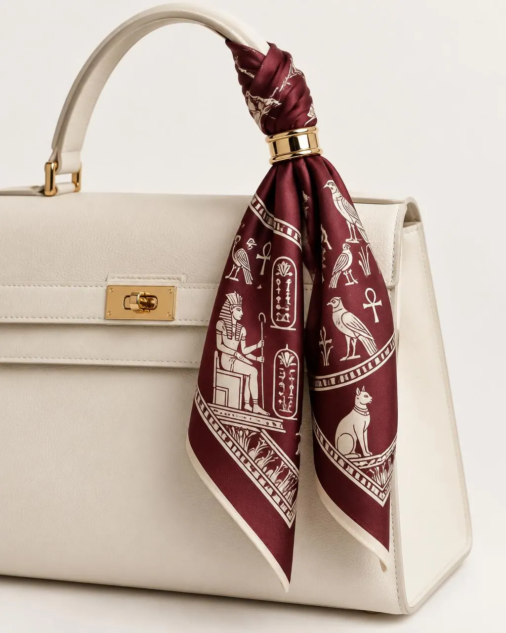 Scarf tied around a bag handle with a gold scarf ring